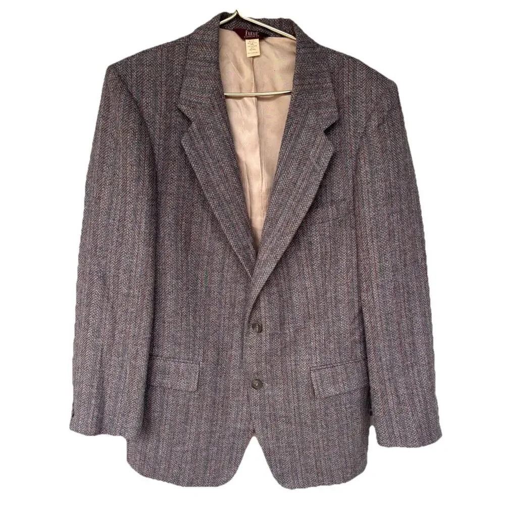 Vtg Farah Designer Herringbone Tweed Blazer Suit Coat Jacket 100% Wool 42R